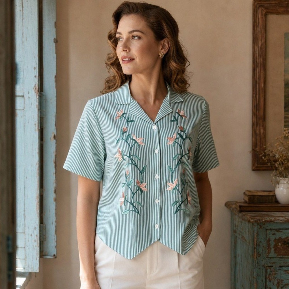 Bon Worth Womens M Teal White Striped Seersucker Floral Embroidered Back Tie Top